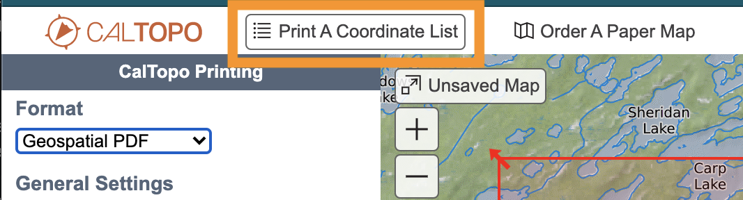 menu for print coordinate list